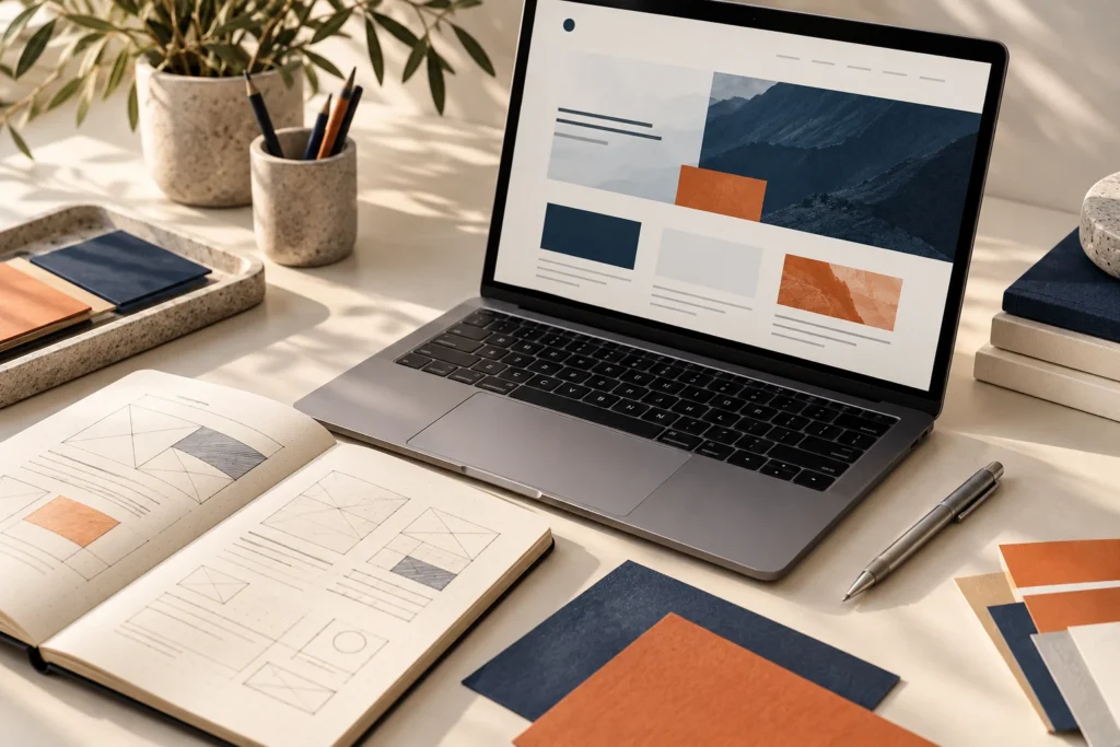 Editorialer Visualisierung erzeugt mit KI: Laptop, Skizzen und Materialien für digitale Projektplanung