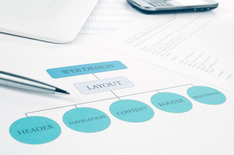 conceptual web design layout building plan. pen and smartphone.toned