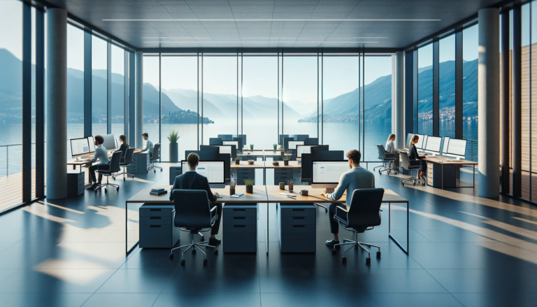 dall·e 2024 01 29 08.07.44 a tranquil office scene with fewer people working at computers. the room features large windows showcasing a breathtaking view of lake maggiore, creat
