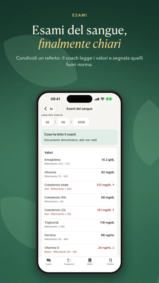 App AlbA Health Coach: lettura degli esami del sangue con valori fuori norma segnalati