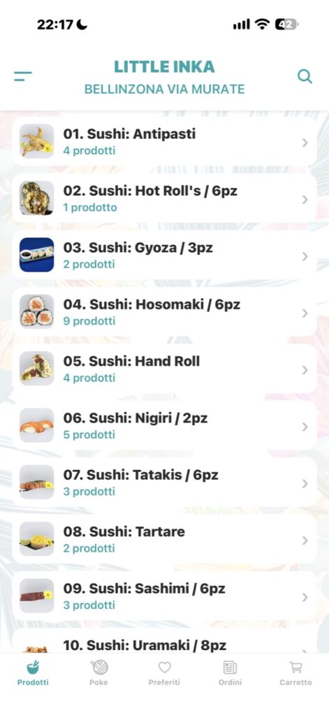 App Little Inka: menu sushi diviso per categorie