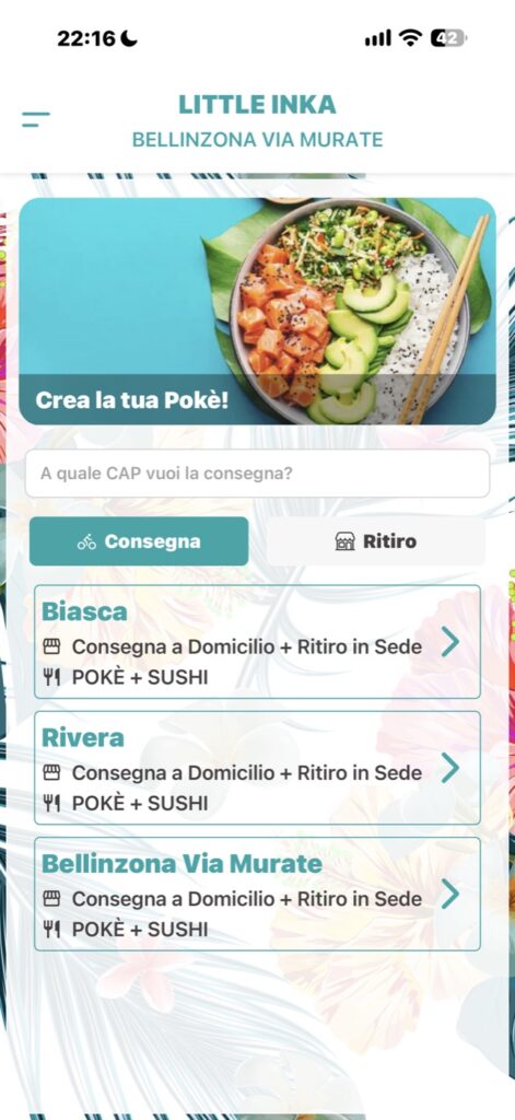 App Little Inka: scelta della sede, consegna a domicilio o ritiro e punti Health Dots