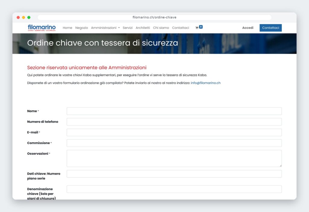 Formulario per le amministrazioni: ordine chiavi con tessera di sicurezza