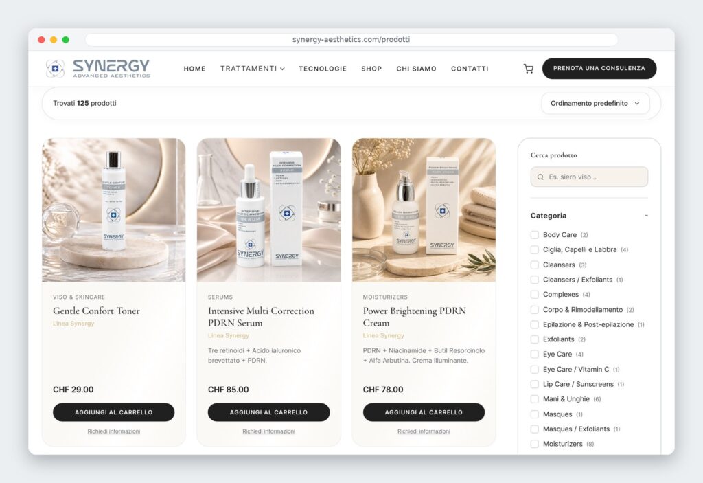 Catalogo dello shop Synergy con 125 prodotti e filtri per categoria