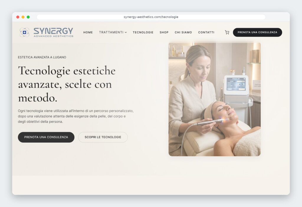 Pagina Tecnologie del sito Synergy Advanced Aesthetics