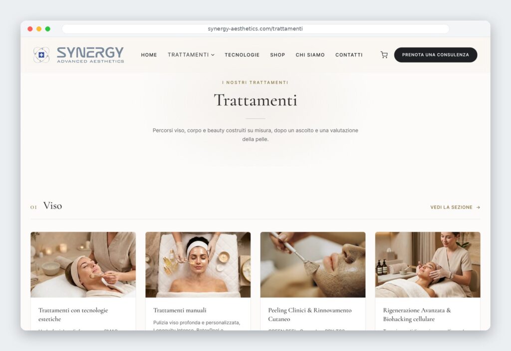 Pagina Trattamenti del sito Synergy Advanced Aesthetics