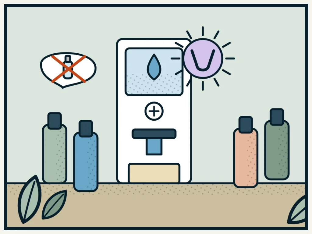 Illustrazione a fumetto: un distributore d’acqua filtrata con raggi UV e borracce riutilizzabili