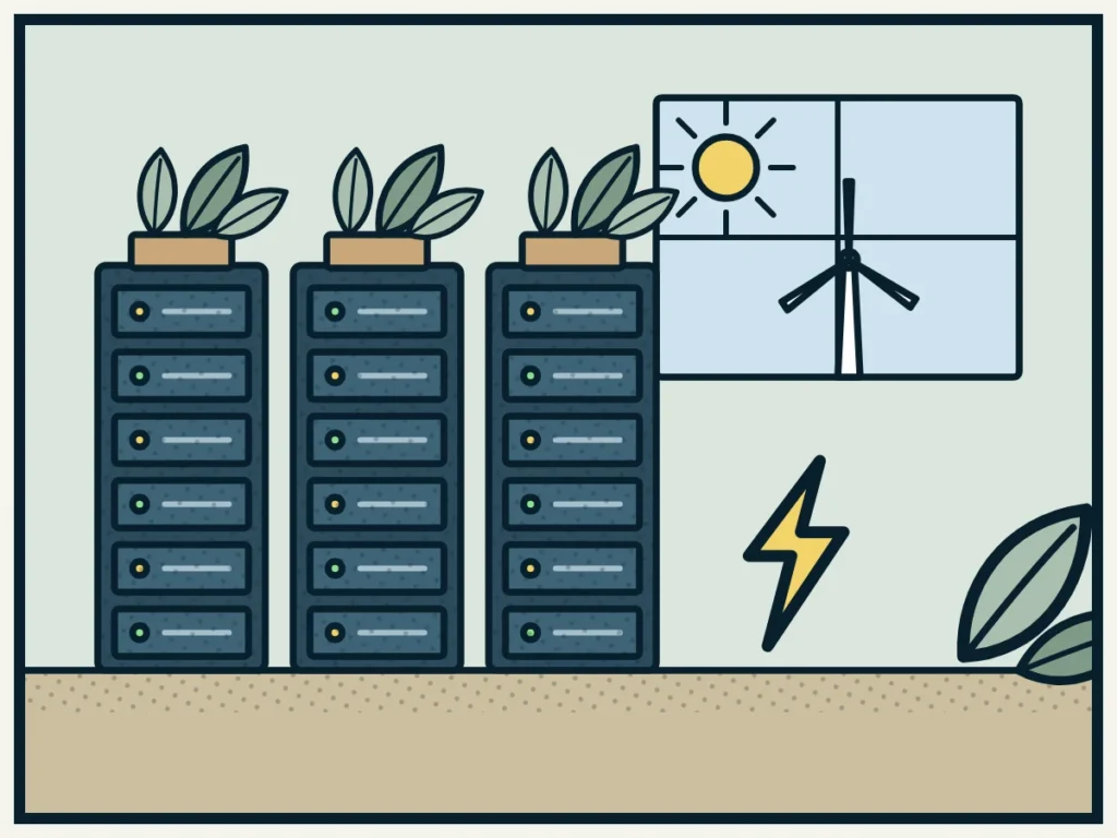 Illustrazione a fumetto: armadi di un data center con piante in cima e una turbina eolica alla finestra