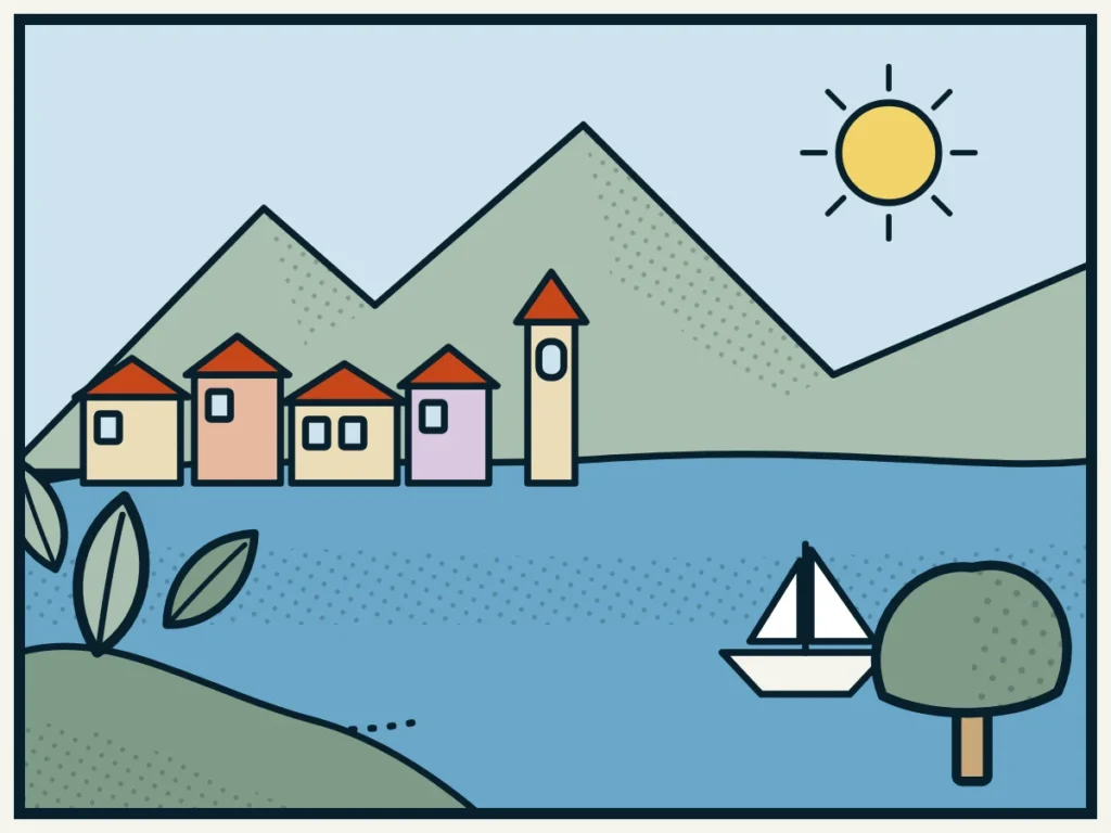 Illustrazione a fumetto: lago e paese ticinese