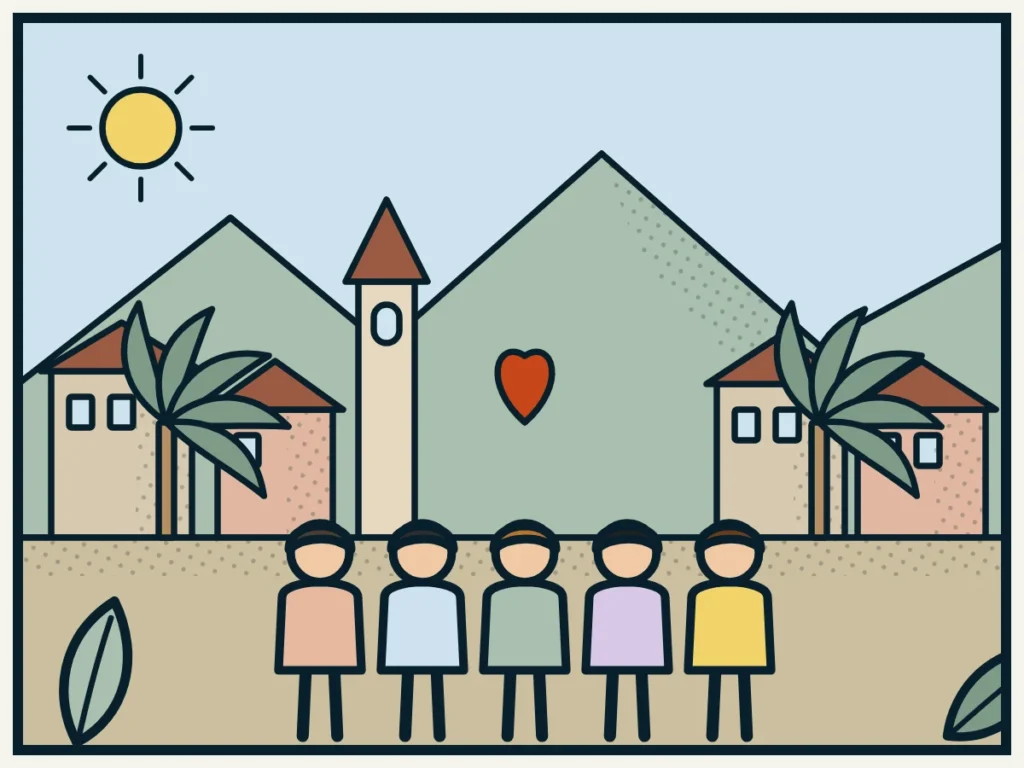 Illustrazione a fumetto: il team davanti alle case e al campanile di un villaggio ticinese