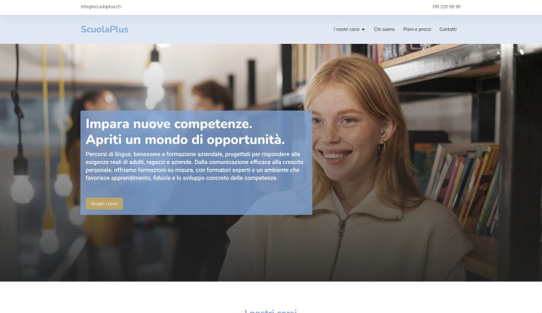 Homepage del sito Scuola Plus, scuola di lingue a Locarno, realizzato da Ticinoweb