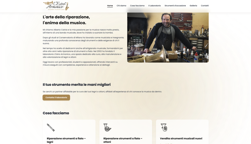 Homepage del sito L’Estro Armonico con laboratorio di riparazione strumenti musicali, realizzato da ticinoWEB