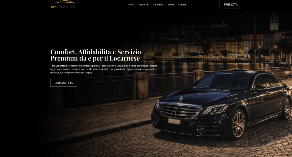 Homepage del sito Taxi Locarnese con servizio taxi premium nel Locarnese, realizzato da ticinoWEB
