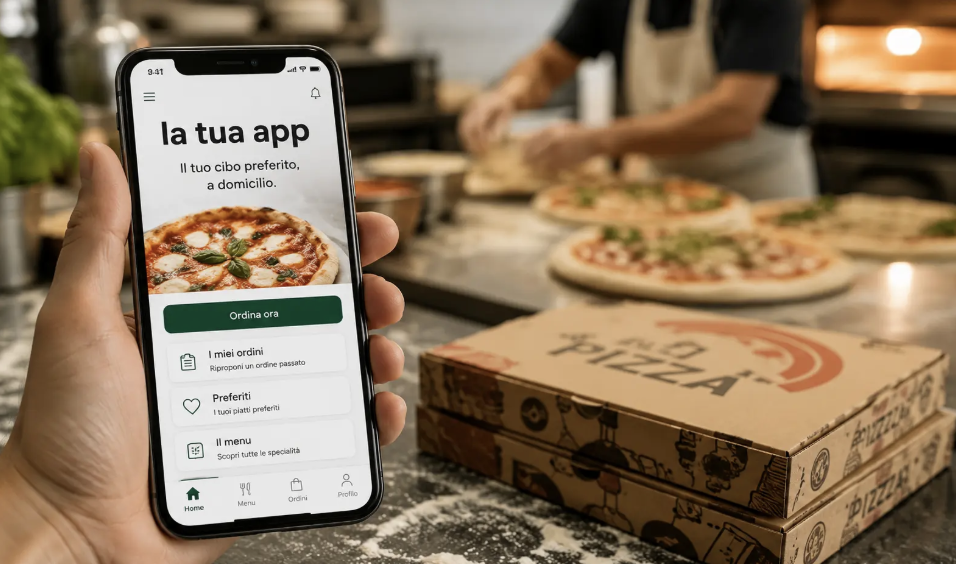 App pizza su smartphone in pizzeria